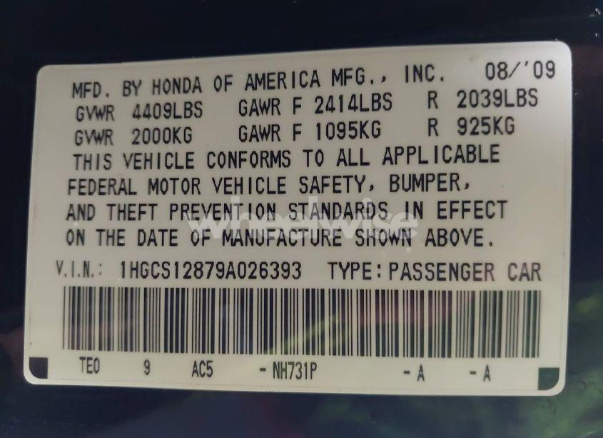 Photo 9 of 2009 Honda Accord 2.4 EX-L (VIN 1HGCS12879A026393)