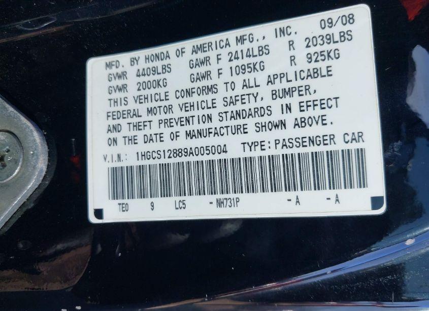 Photo 9 of 2009 Honda Accord 2.4 EX-L (VIN 1HGCS12889A005004)