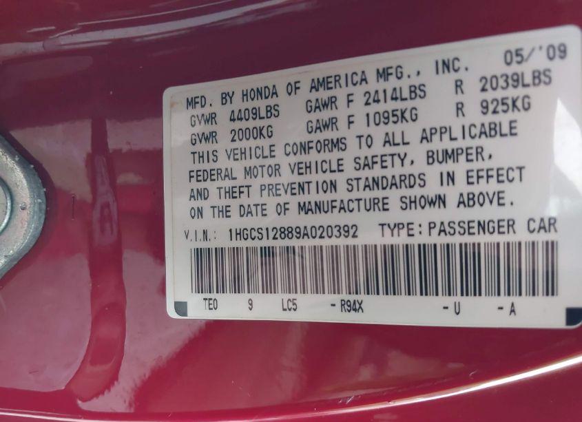 Photo 9 of 2009 Honda Accord 2.4 EX-L (VIN 1HGCS12889A020392)