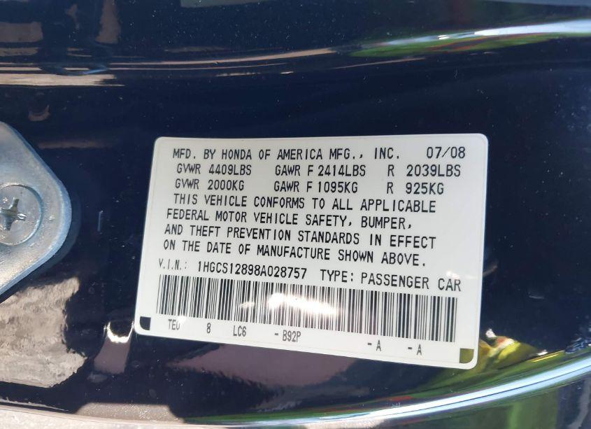 Photo 9 of 2008 Honda Accord 2.4 EX-L/EX-L (VIN 1HGCS12898A028757)