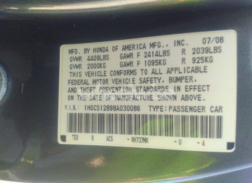 Photo 9 of 2008 Honda Accord 2.4 EX-L (VIN 1HGCS12898A030086)