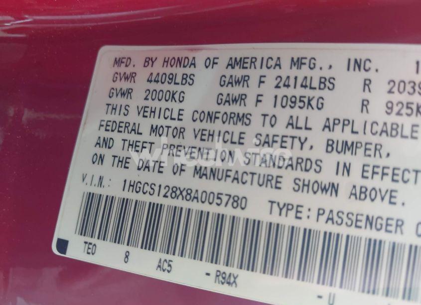 Photo 9 of 2008 Honda Accord 2.4 EX-L (VIN 1HGCS128X8A005780)