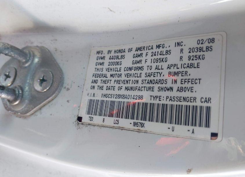 Photo 9 of 2008 Honda Accord 2.4 EX-L (VIN 1HGCS128X8A014298)