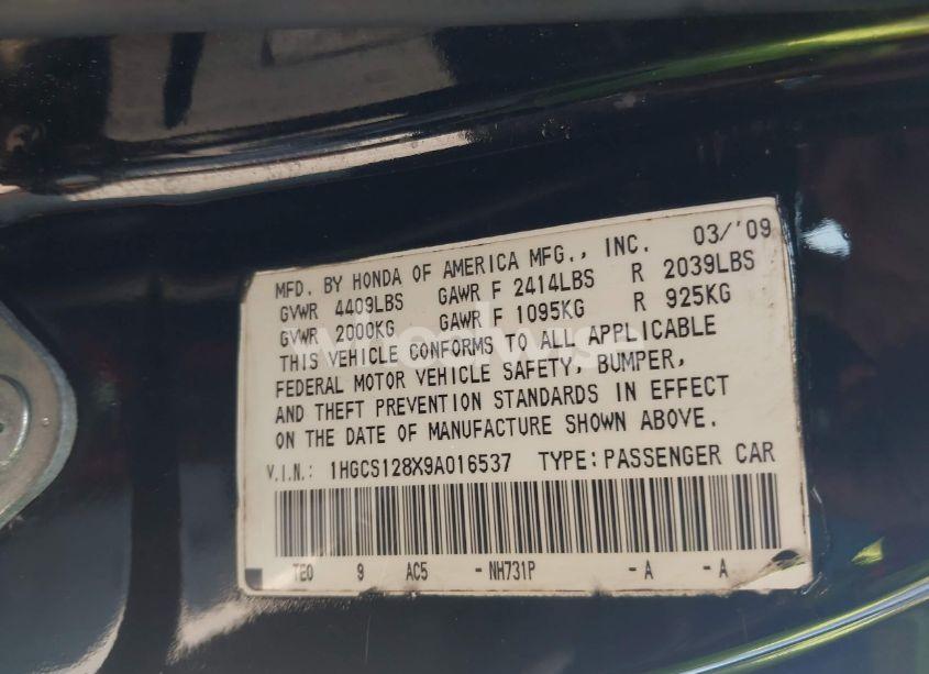 Photo 9 of 2009 Honda Accord 2.4 EX-L (VIN 1HGCS128X9A016537)