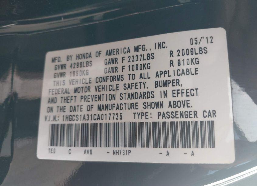 Photo 9 of 2012 Honda Accord 2.4 LX-S (VIN 1HGCS1A31CA017735)