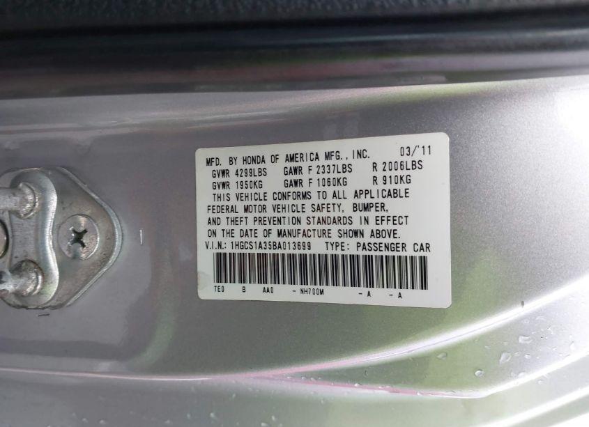 Photo 9 of 2011 Honda Accord 2.4 LX-S (VIN 1HGCS1A35BA013699)