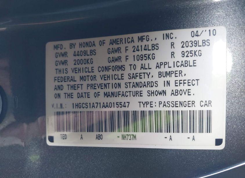 Photo 9 of 2010 Honda Accord 2.4 EX (VIN 1HGCS1A71AA015547)