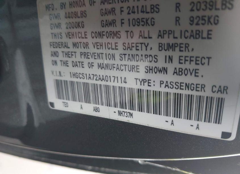 Photo 9 of 2010 Honda Accord 2.4 EX (VIN 1HGCS1A72AA017114)