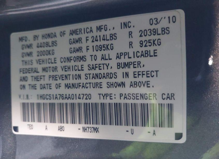 Photo 9 of 2010 Honda Accord 2.4 EX (VIN 1HGCS1A76AA014720)