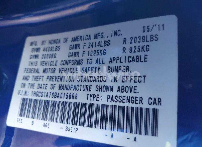 Photo 9 of 2011 Honda Accord 2.4 EX (VIN 1HGCS1A76BA015688)