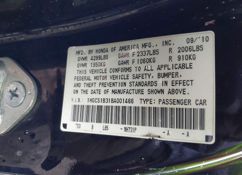 Photo 9 of 2011 Honda Accord 2.4 LX-S (VIN 1HGCS1B31BA001466)