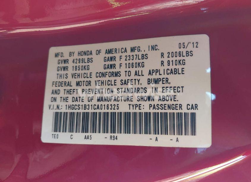 Photo 9 of 2012 Honda Accord 2.4 LX-S (VIN 1HGCS1B31CA016325)