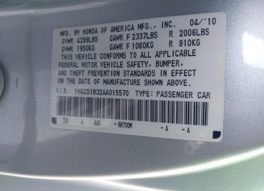 Photo 9 of 2010 Honda Accord 2.4 LX-S (VIN 1HGCS1B32AA015570)