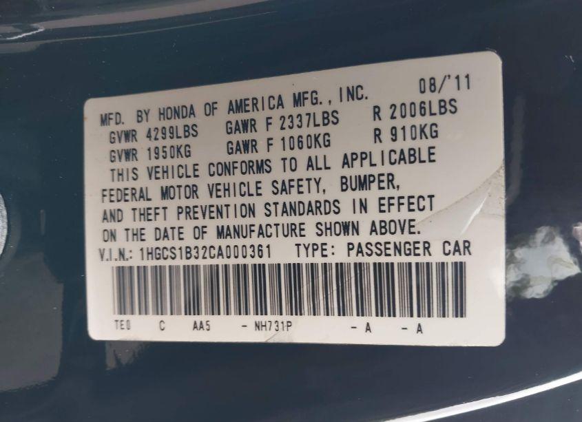 Photo 9 of 2012 Honda Accord 2.4 LX-S (VIN 1HGCS1B32CA000361)