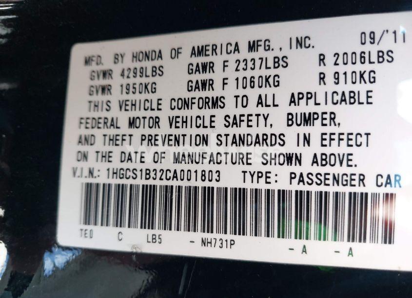 Photo 9 of 2012 Honda Accord 2.4 LX-S (VIN 1HGCS1B32CA001803)