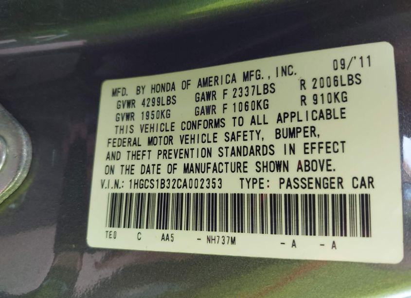 Photo 9 of 2012 Honda Accord 2.4 LX-S (VIN 1HGCS1B32CA002353)