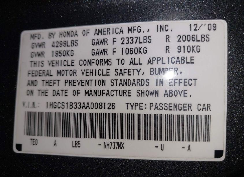 Photo 9 of 2010 Honda Accord 2.4 LX-S (VIN 1HGCS1B33AA008126)