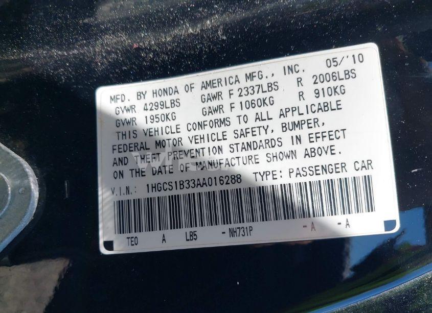 Photo 9 of 2010 Honda Accord 2.4 LX-S (VIN 1HGCS1B33AA016288)