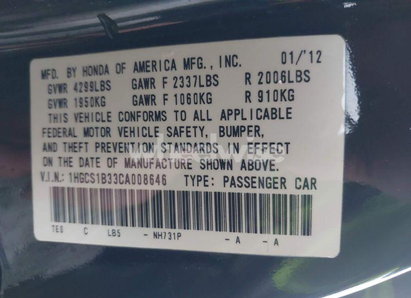 Photo 9 of 2012 Honda Accord 2.4 LX-S (VIN 1HGCS1B33CA008646)