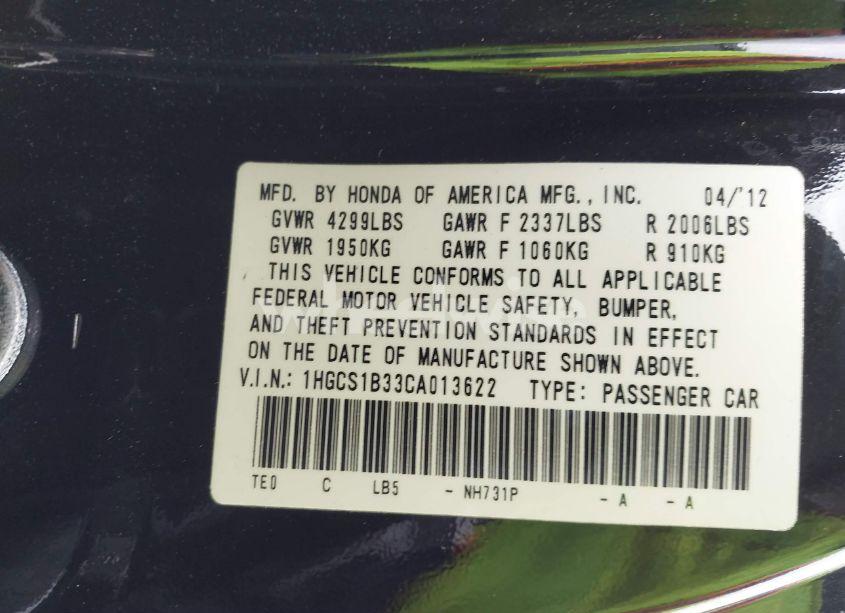 Photo 9 of 2012 Honda Accord 2.4 LX-S (VIN 1HGCS1B33CA013622)