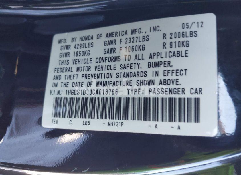 Photo 9 of 2012 Honda Accord 2.4 LX-S (VIN 1HGCS1B33CA018786)