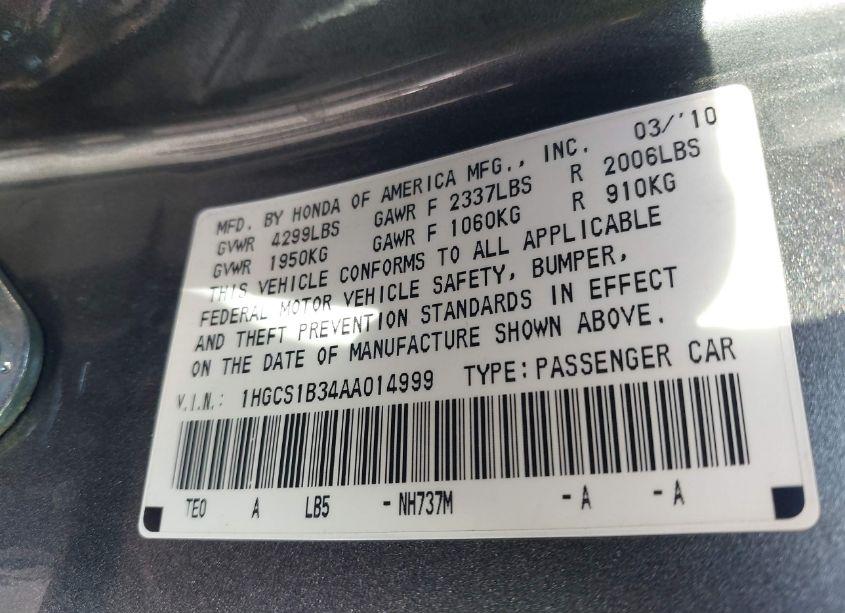 Photo 9 of 2010 Honda Accord 2.4 LX-S (VIN 1HGCS1B34AA014999)