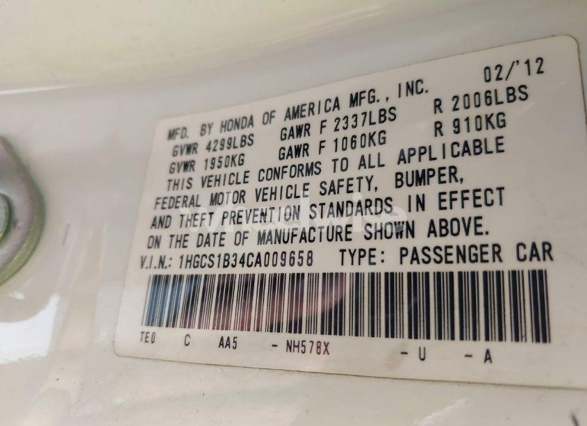 Photo 9 of 2012 Honda Accord 2.4 LX-S (VIN 1HGCS1B34CA009658)