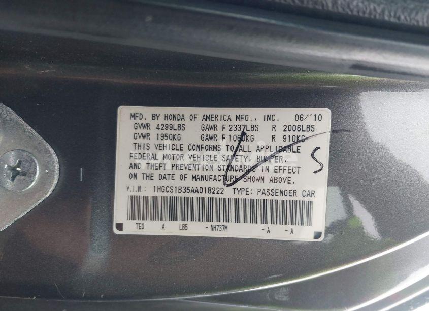 Photo 9 of 2010 Honda Accord 2.4 LX-S (VIN 1HGCS1B35AA018222)