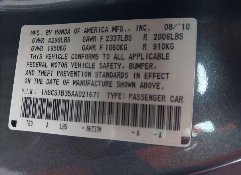 Photo 9 of 2010 Honda Accord 2.4 LX-S (VIN 1HGCS1B35AA021671)