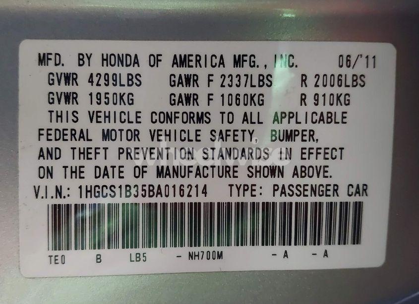 Photo 9 of 2011 Honda Accord 2.4 LX-S (VIN 1HGCS1B35BA016214)