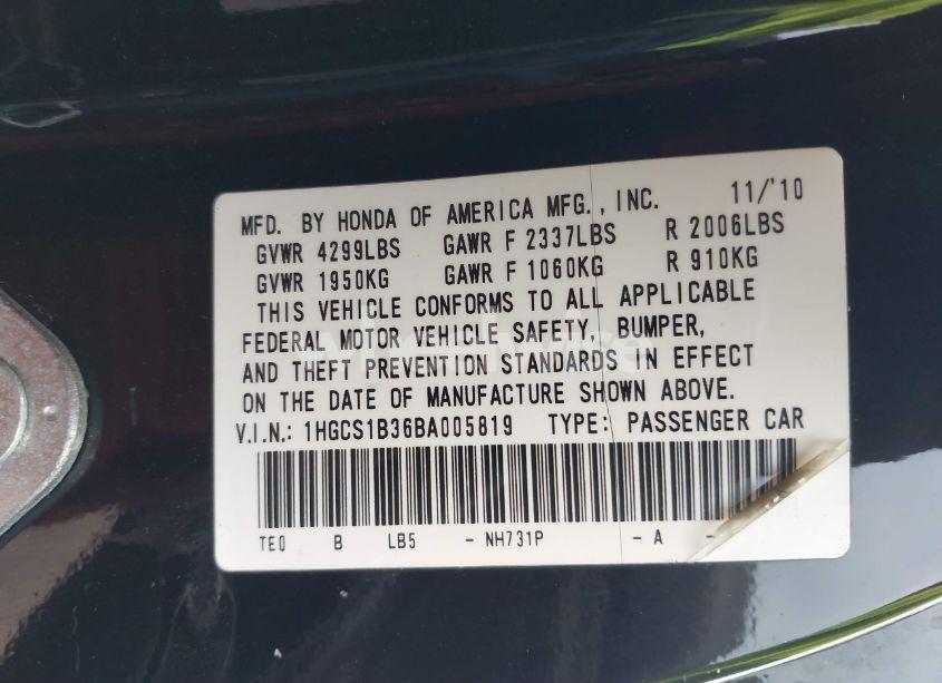 Photo 9 of 2011 Honda Accord 2.4 LX-S (VIN 1HGCS1B36BA005819)