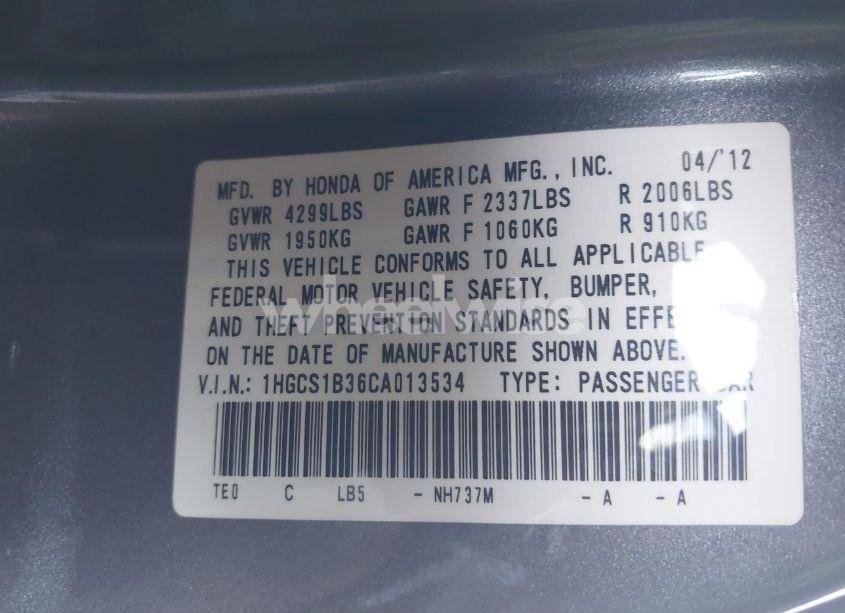 Photo 9 of 2012 Honda Accord 2.4 LX-S (VIN 1HGCS1B36CA013534)