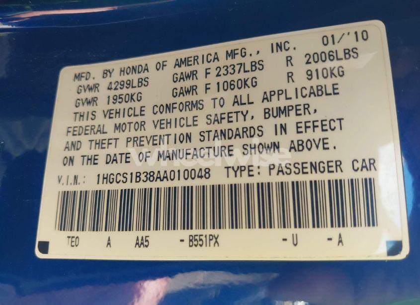 Photo 9 of 2010 Honda Accord 2.4 LX-S (VIN 1HGCS1B38AA010048)