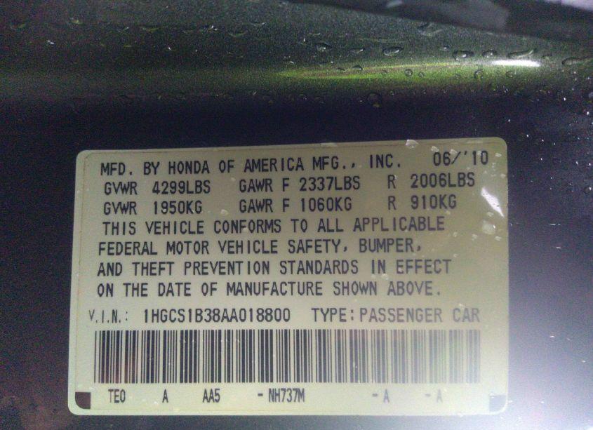 Photo 9 of 2010 Honda Accord 2.4 LX-S (VIN 1HGCS1B38AA018800)