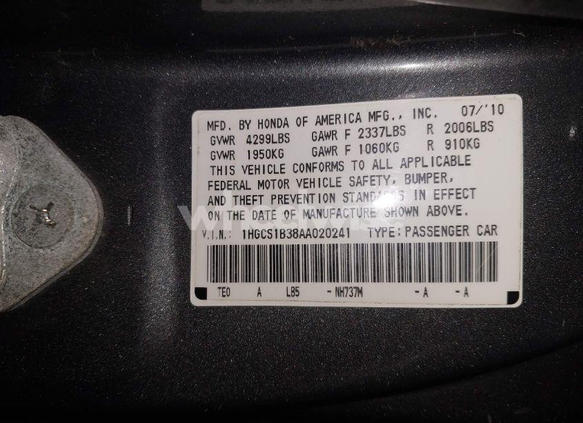 Photo 9 of 2010 Honda Accord 2.4 LX-S (VIN 1HGCS1B38AA020241)