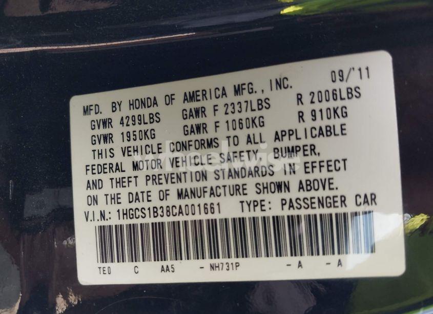 Photo 9 of 2012 Honda Accord 2.4 LX-S (VIN 1HGCS1B38CA001661)