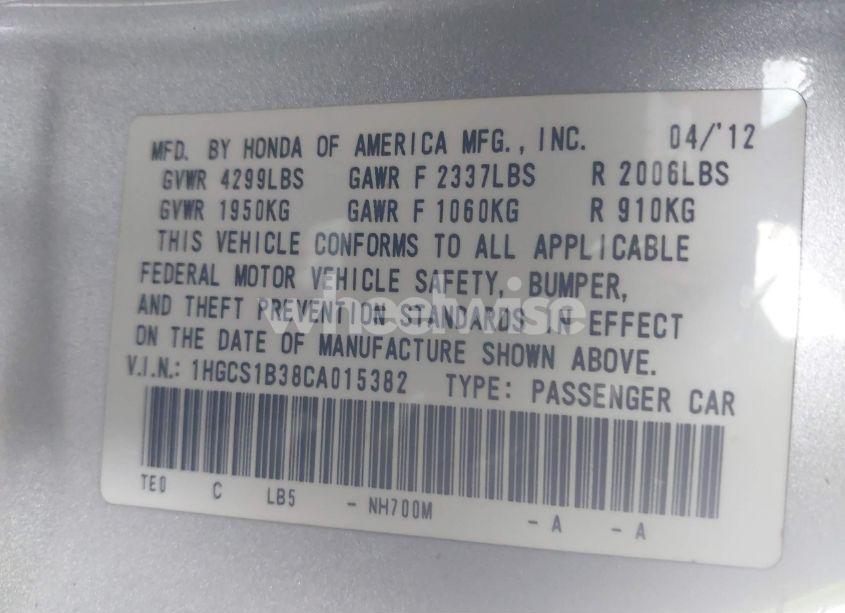 Photo 9 of 2012 Honda Accord 2.4 LX-S (VIN 1HGCS1B38CA015382)