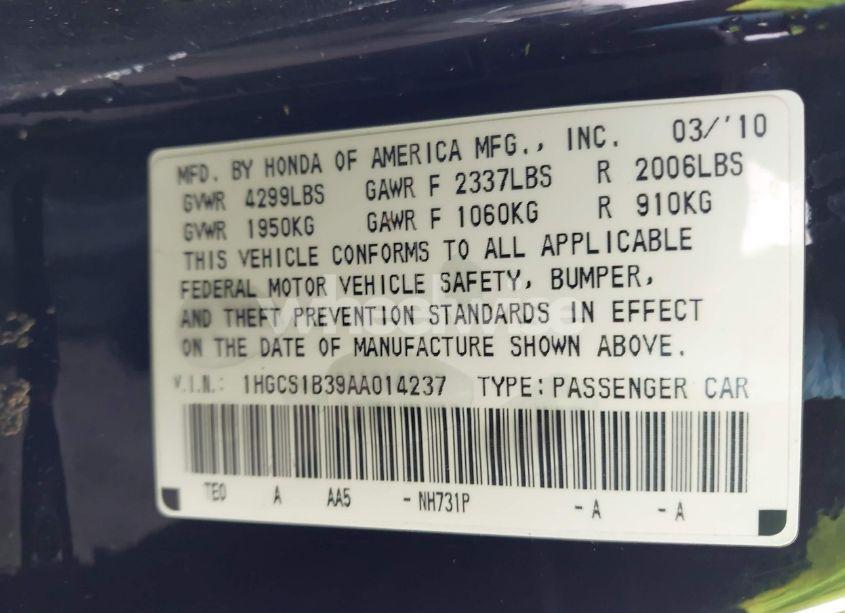 Photo 9 of 2010 Honda Accord 2.4 LX-S (VIN 1HGCS1B39AA014237)