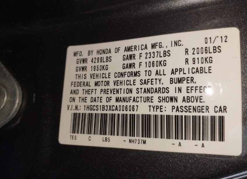 Photo 9 of 2012 Honda Accord 2.4 LX-S (VIN 1HGCS1B3XCA006067)