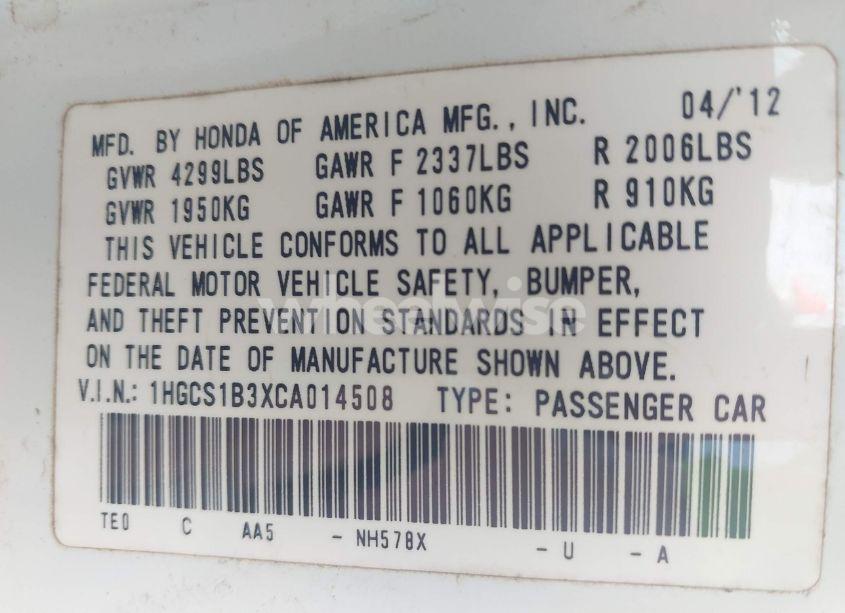 Photo 9 of 2012 Honda Accord 2.4 LX-S (VIN 1HGCS1B3XCA014508)