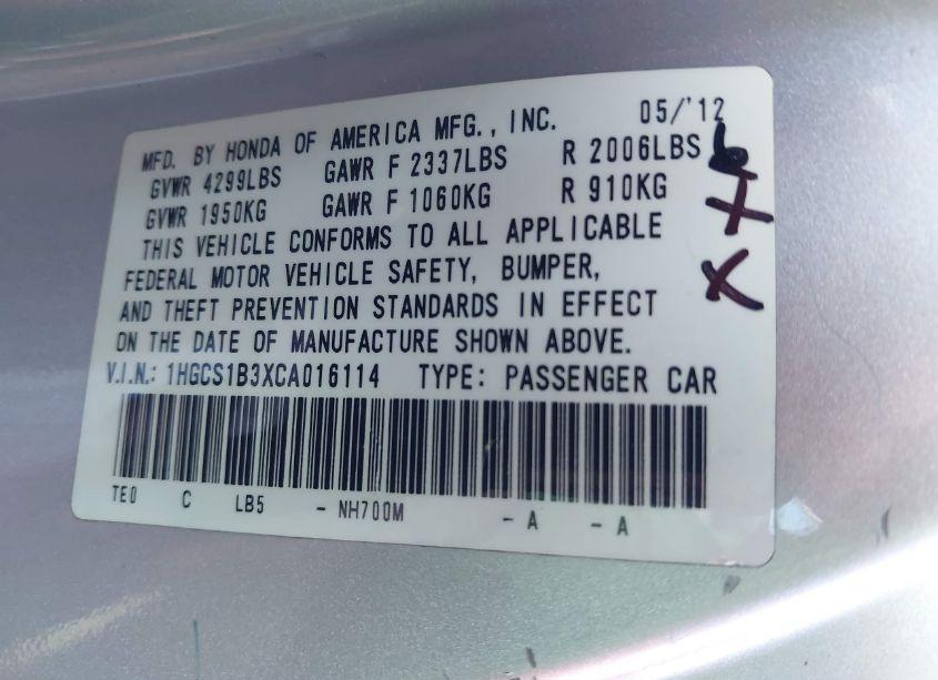 Photo 9 of 2012 Honda Accord 2.4 LX-S (VIN 1HGCS1B3XCA016114)