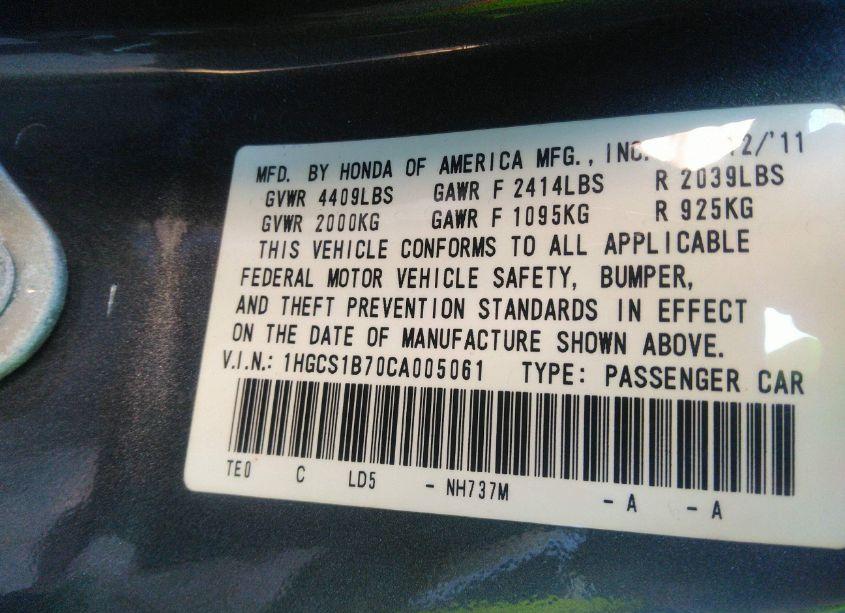 Photo 9 of 2012 Honda Accord 2.4 EX (VIN 1HGCS1B70CA005061)