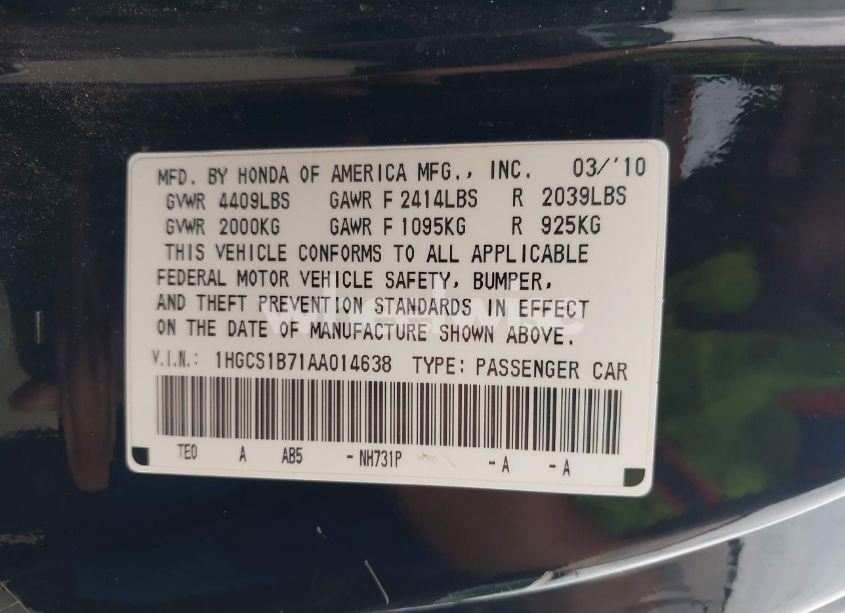 Photo 9 of 2010 Honda Accord 2.4 EX (VIN 1HGCS1B71AA014638)