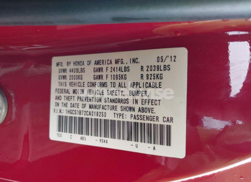 Photo 9 of 2012 Honda Accord 2.4 EX (VIN 1HGCS1B72CA018250)