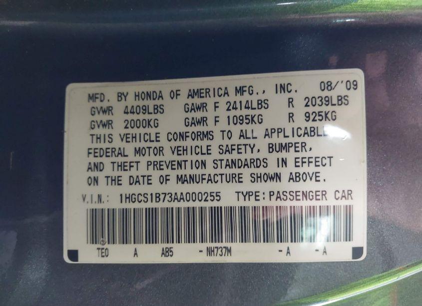 Photo 9 of 2010 Honda Accord 2.4 EX (VIN 1HGCS1B73AA000255)