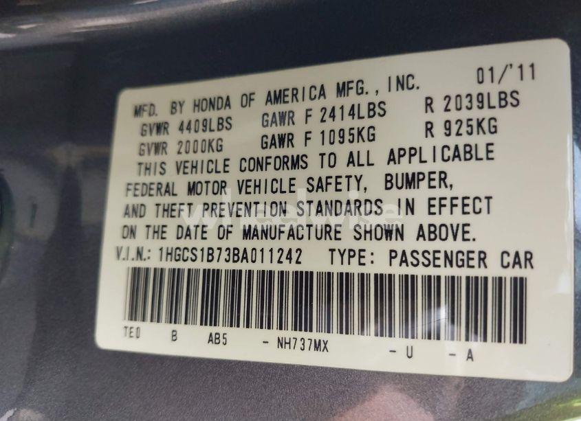 Photo 9 of 2011 Honda Accord 2.4 EX (VIN 1HGCS1B73BA011242)