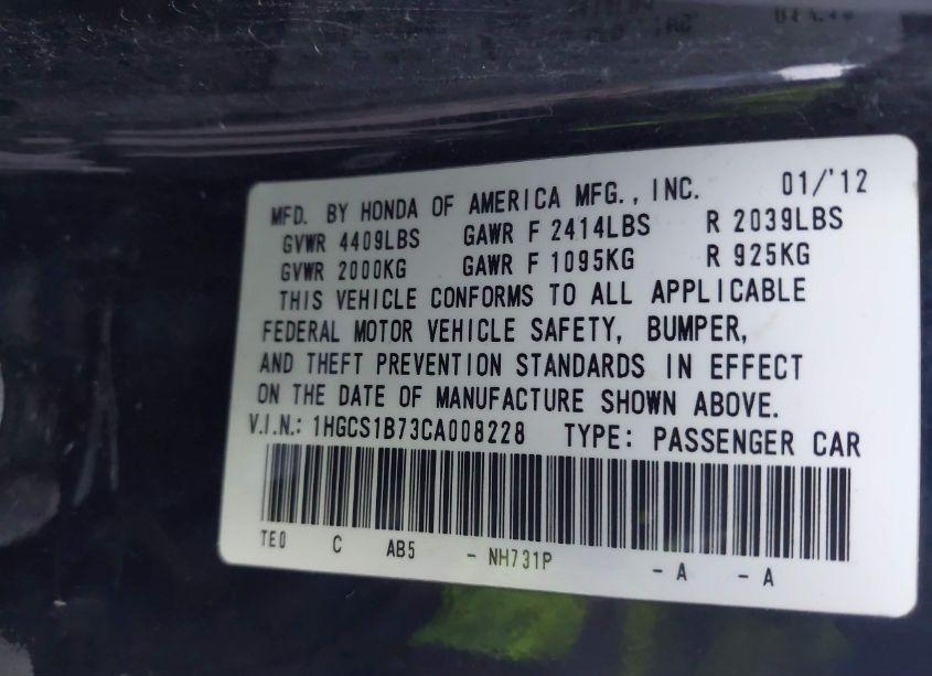 Photo 9 of 2012 Honda Accord 2.4 EX (VIN 1HGCS1B73CA008228)