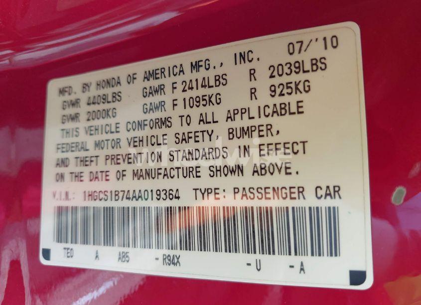 Photo 9 of 2010 Honda Accord 2.4 EX (VIN 1HGCS1B74AA019364)