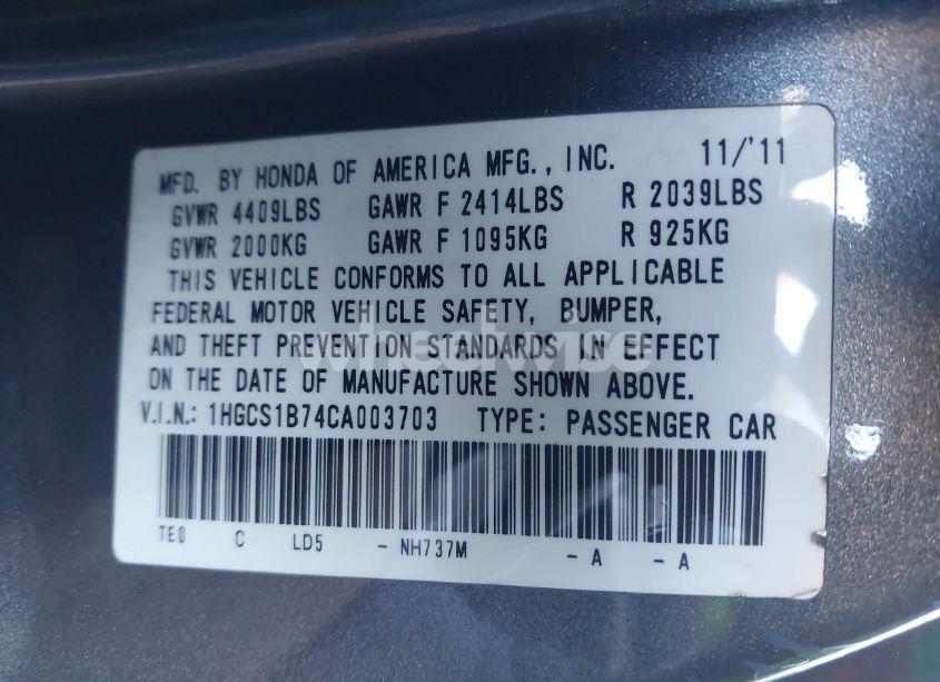 Photo 9 of 2012 Honda Accord 2.4 EX (VIN 1HGCS1B74CA003703)