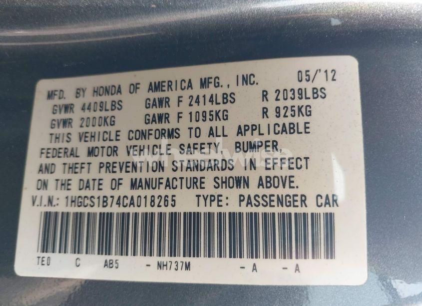 Photo 9 of 2012 Honda Accord 2.4 EX (VIN 1HGCS1B74CA018265)